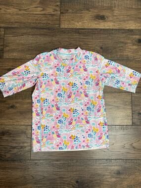 Coolibar Youth XL Sea Island Rash Guard Short Sleeve Pink Beach UPF 50+